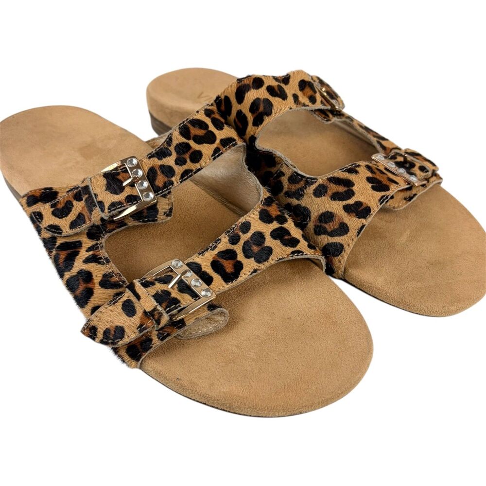 Vionic Czarina Leopard Calf Hair Slide Sandals Orthotic Rhinestone Buckle Size 9